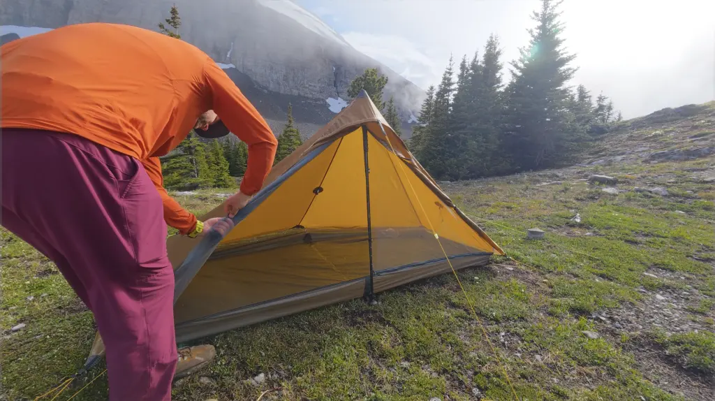 The Lanshan 1 Pro pitches with six stakes and one trekking pole.